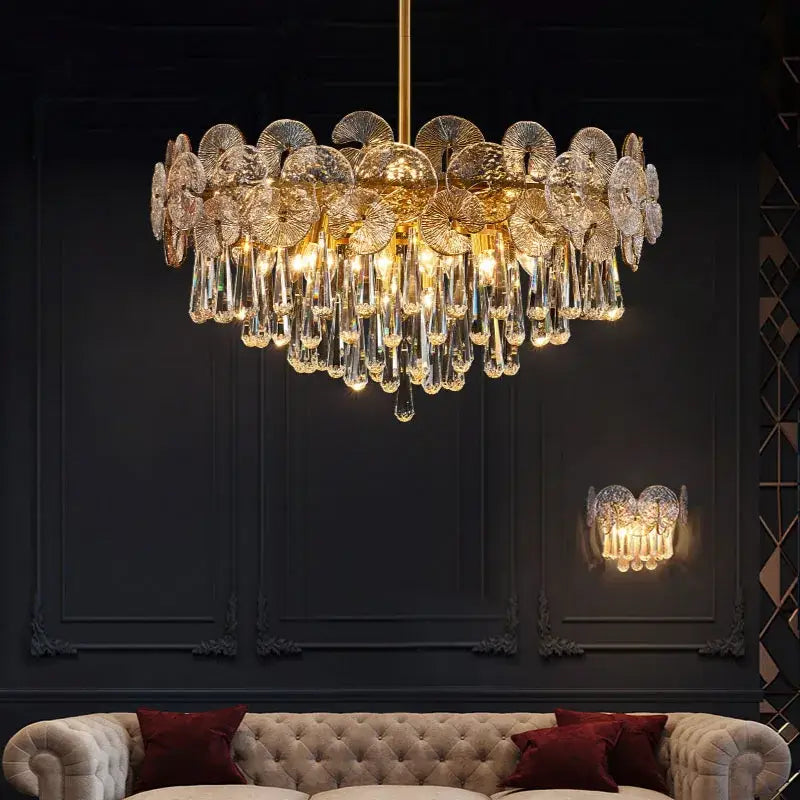 Nordic golden crystal lotus chandelier with intricate fan-shaped glass pieces and dangling crystal droplets for dining room luxury