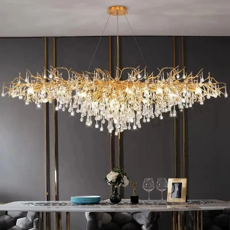 Modern gold crystal luxury ceiling chandelier with intricate branch arms and cascading crystal droplets for dining room decorbites crystal luxury