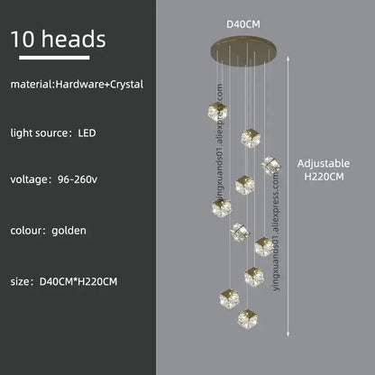Golden decorbites crystal modern cubic chandelier with ten crystal-encased led light heads for living room lighting