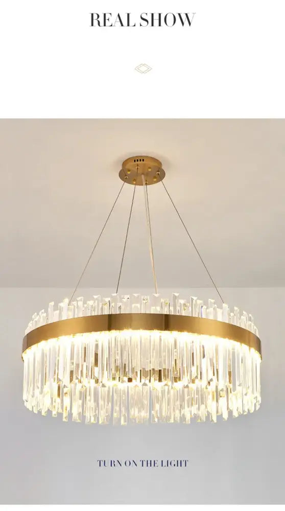 Decorbites™ crystal pendant chandelier with gold-toned circular frame and cascading clear prisms for luxury modest crystal home decor