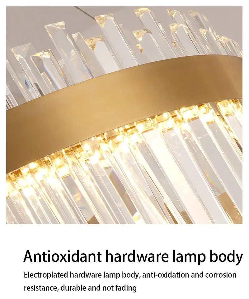 Gold-toned decorbites crystal pendant chandelier with clear prisms and warm led lights for luxury modest crystal ceiling decor
