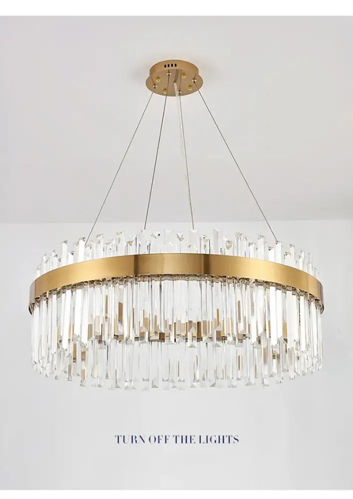DecorBites™ gold-toned crystal pendant chandelier with clear rods and brass frame for luxury modest crystal home decor