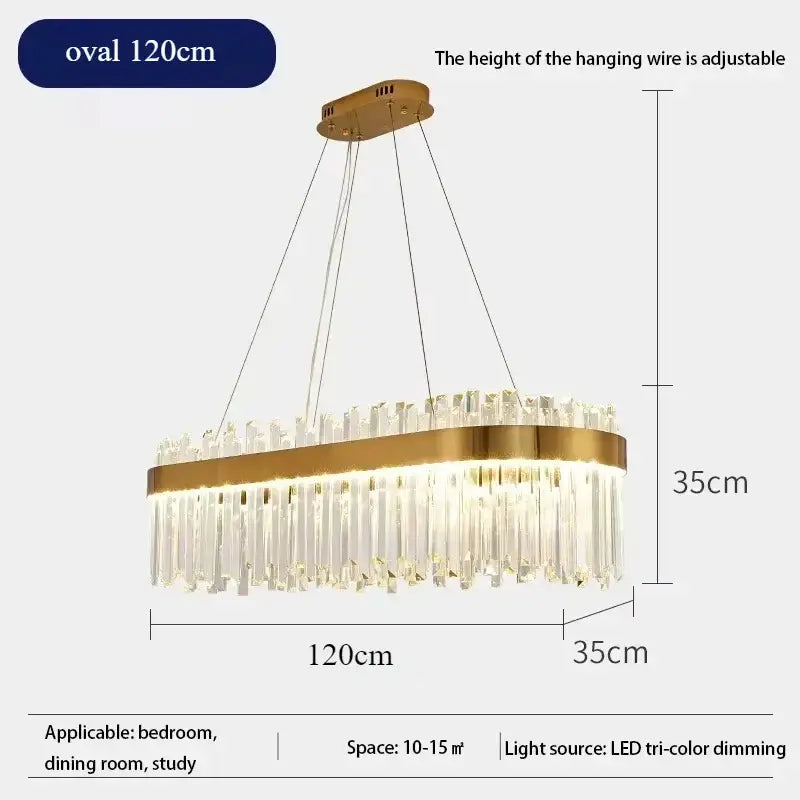 Gold-toned DecorBites™ oval pendant chandelier with crystal droplets and adjustable wire for luxury modest crystal home decor