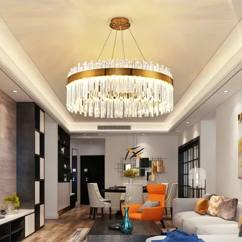 DecorBites™ crystal pendant chandelier with gold frame and cascading clear prisms for luxury modest crystal home decor