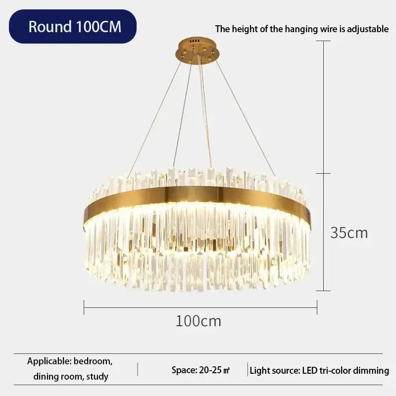 DecorBites™ crystal pendant chandelier with gold-toned frame and modest crystal ceiling prisms for luxury home decor