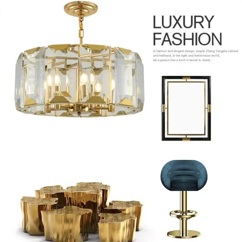 Gold finished decorbites crystal pendant chandelier with clear faceted crystal panels and multiple illuminated bulbs