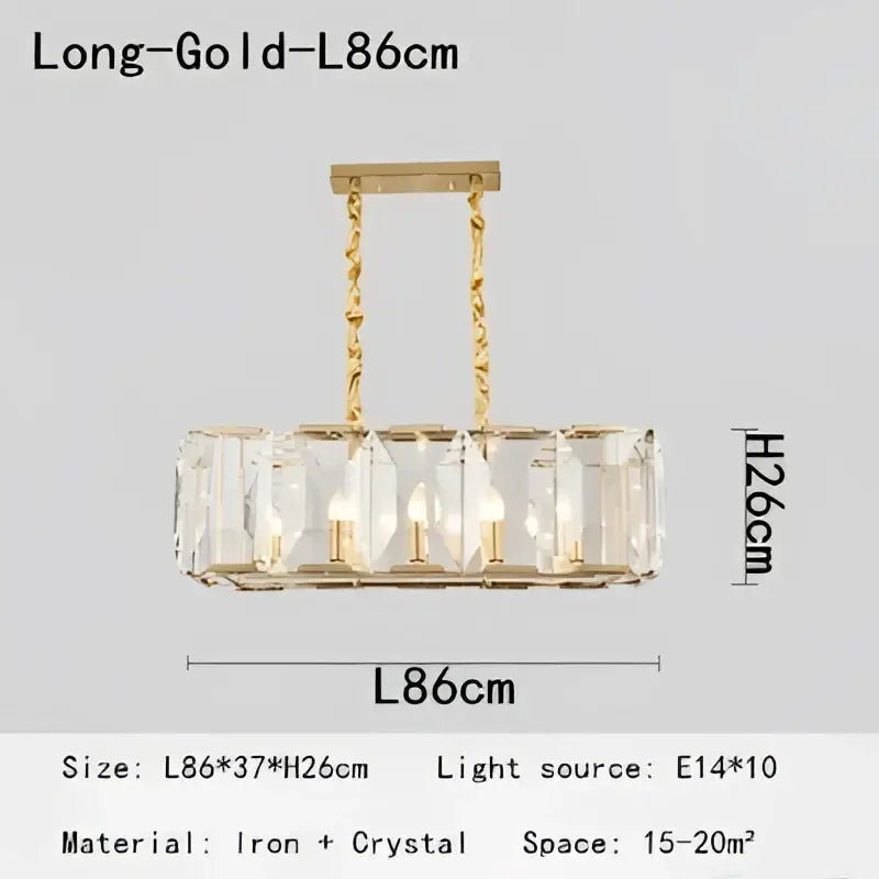 Gold-toned decorbites crystal pendant chandelier with rectangular frame and clear crystal panels for living room light