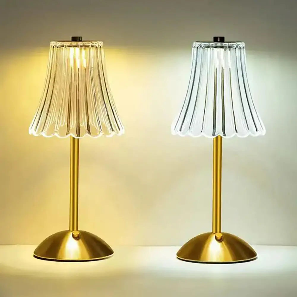 Two decorbites crystal retro table lamps with gold metal bases and clear fluted glass shades for bedroom lighting