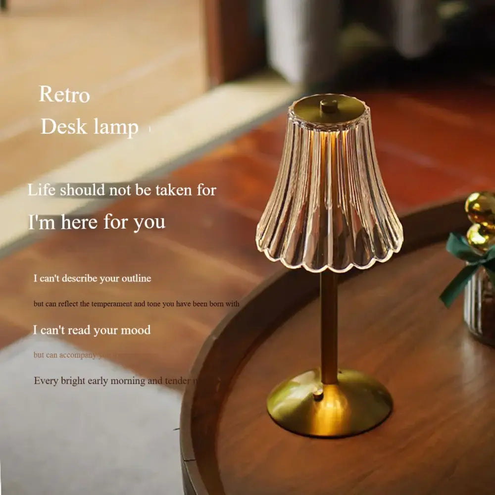 Decorbites crystal retro table lamp with fluted glass shade and brass base for luxurious bedside lighting