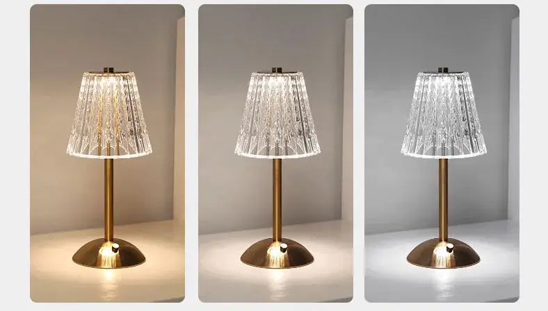 Decorbites crystal retro table lamp with sleek brass base and faceted glass shade creating luxurious bedroom light