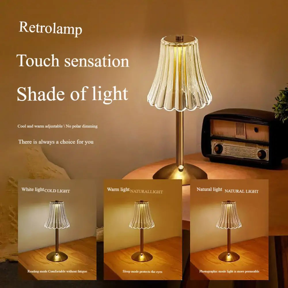 DecorBites™ crystal retro table lamp with fluted translucent glass shade and brass base for bedroom bedside use