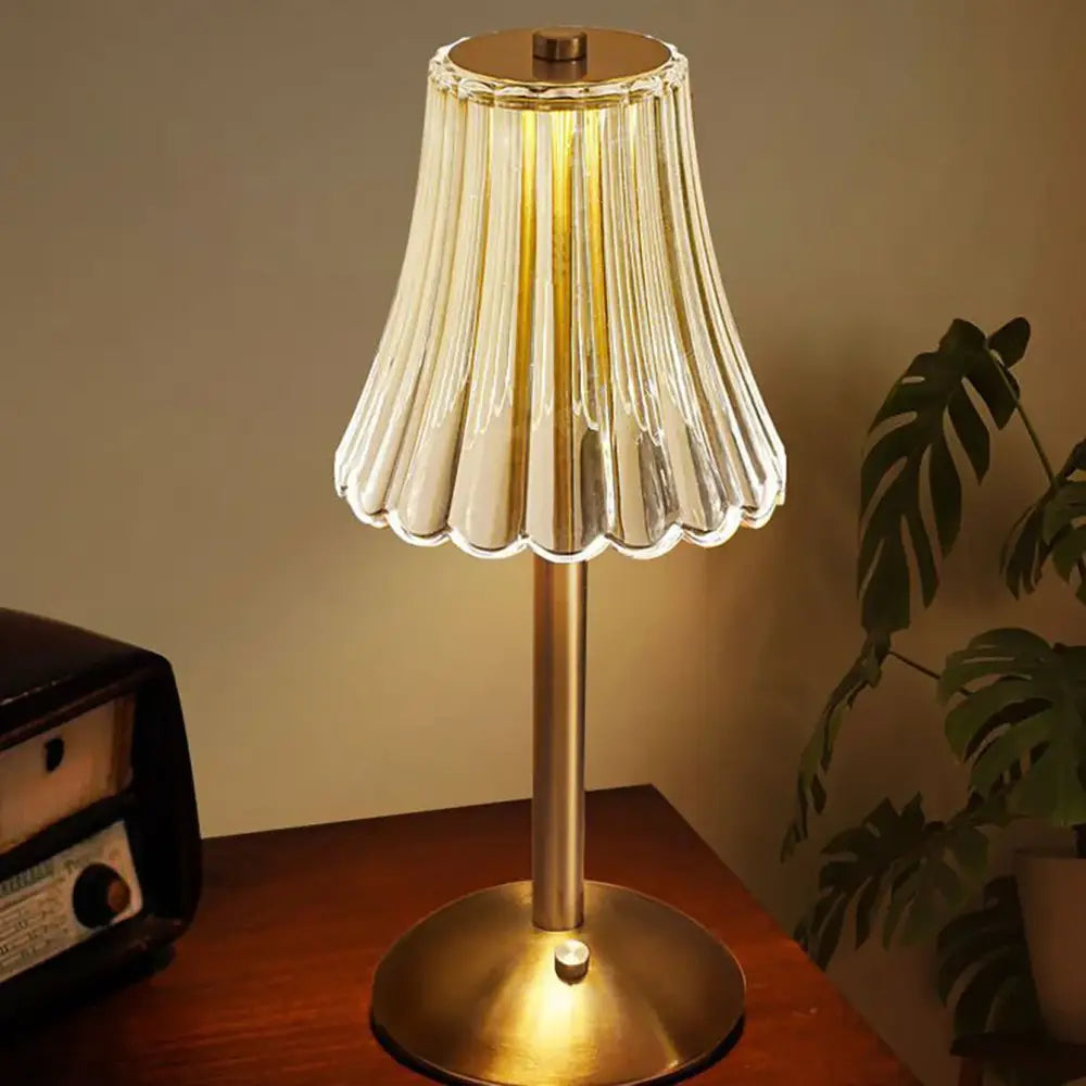 DecorBites™ crystal retro table lamp with warm brass base and fluted translucent glass shade for bedroom ambiance