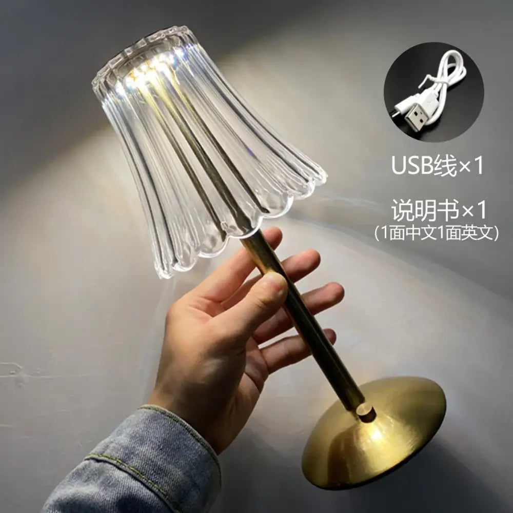 Clear fluted glass lampshade with brass crystal retro table lamp for bedroom bedside rechargeable dimming led light