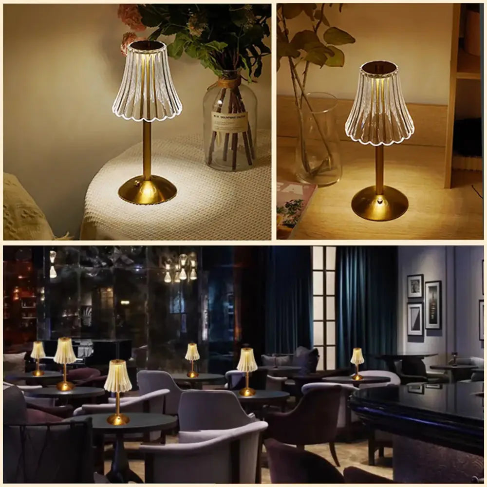 DecorBites™ crystal retro table lamp with delicate fluted glass shade and warm golden brass base for bedroom use