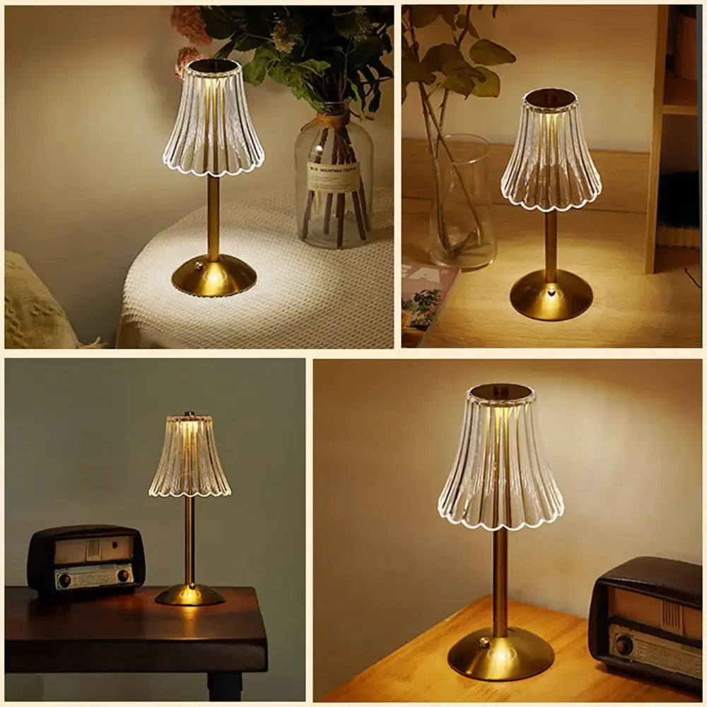 DecorBites™ crystal retro table lamp with clear fluted glass shade and brass base for bedroom bedside lighting