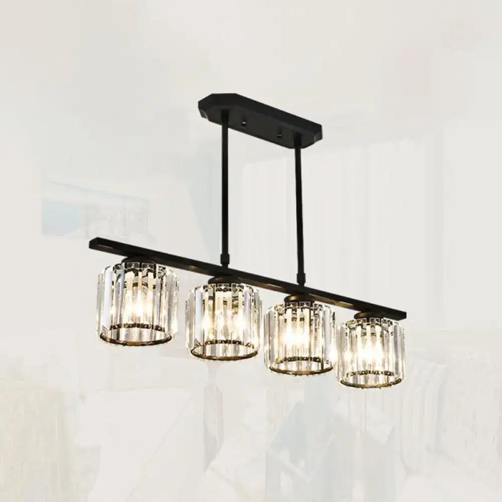 Black metal chandelier with four clear crystal shade glass shades for dining room island lighting by DecorBites™