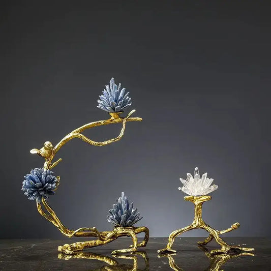 Golden bird tree sculpture with decorbites crystal stone featuring blue and clear crystal stone golden flowers for decor