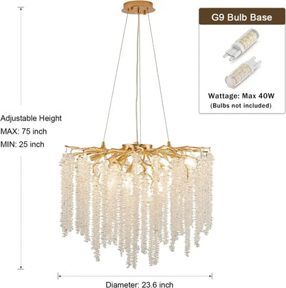 Gold-toned decorbites crystal tassel chandelier with cascading clear crystal strands and g9 bulb base for dining room light