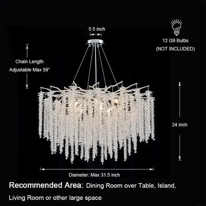Decorbites crystal tassel gold branch chandelier with silver frame and clear faceted crystals for dining room lighting