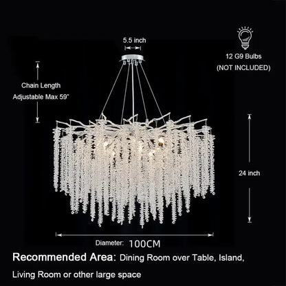 Decorbites crystal tassel gold branch chandelier with cascading clear crystal strands and chrome finish for dining room light