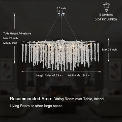 A decorbites crystal tassel gold branch chandelier with cascading clear glass beads and sleek chrome fixture for dining room light
