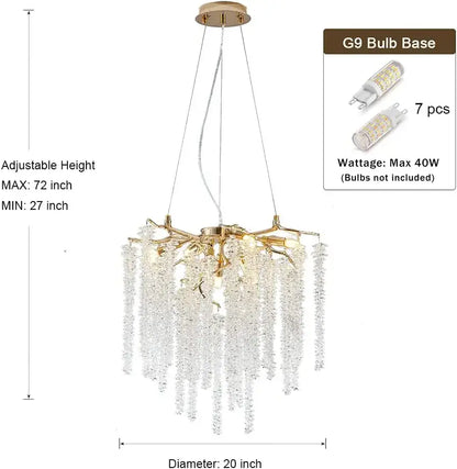 Gold-toned decorbites crystal tassel chandelier with cascading clear crystals and branch design for dining room lighting