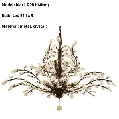 Black metal decorbites crystal tree chandelier with crystal branches and droplets for bedroom lighting