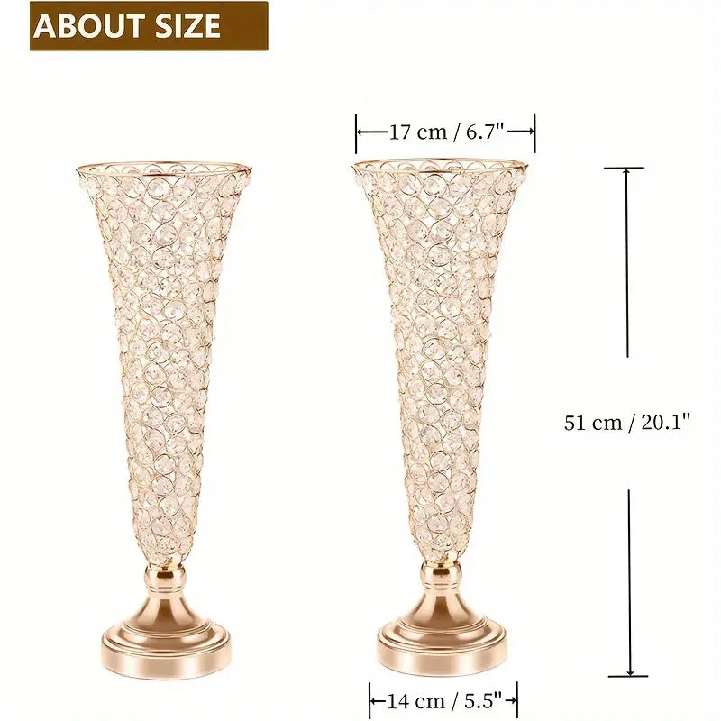 Elegant gold-toned crystal vase with fluted tapering design and faceted crystals for dining tables and home decor