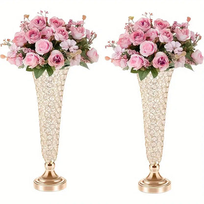 Two crystal vases with gold bases and pink purple artificial roses for dining tables and home decor by decorbites