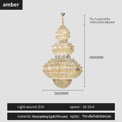 Gold electroplated decorbites crystal villa chandelier with multiple tiers of clear k9 crystal for living room lighting