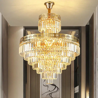 Decorbites crystal villa golden crown chandelier with gold-toned metal and cascading crystal prisms for staircases