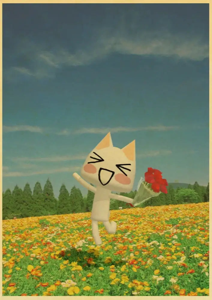 DecorBites™ cute 3d cat poster featuring a cheerful white cat with orange ears holding red roses for home decor