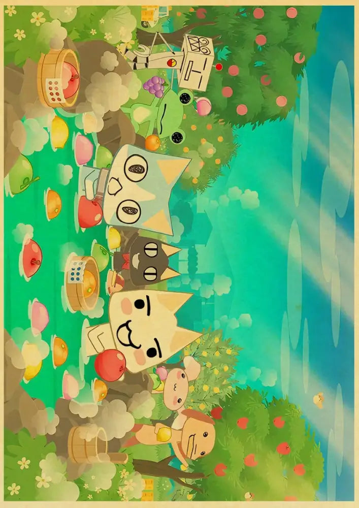 Colorful cartoon cat poster featuring cute 3d cat characters in a whimsical orchard for home decor