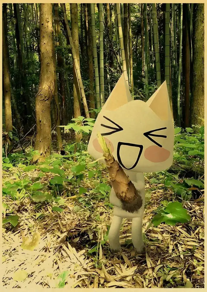 DecorBites cute 3d cat poster featuring a cream cardboard cat with pink cheeks in bamboo forest for home decor