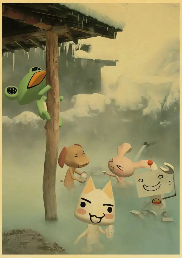 Green frog character with orange beak clinging to wooden post featured in decorbites cute 3d cat poster for home decor