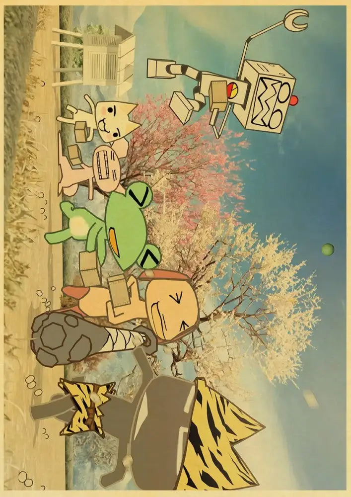 A vintage-style home decor cat poster featuring a cute 3d cat and cartoon characters under cherry trees