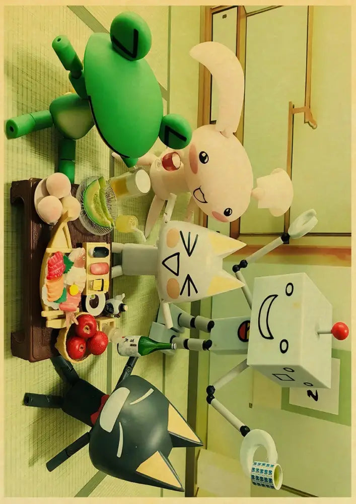 A whimsical collection of colorful stylized robot figurines featured alongside a cute 3d cat poster for home decor