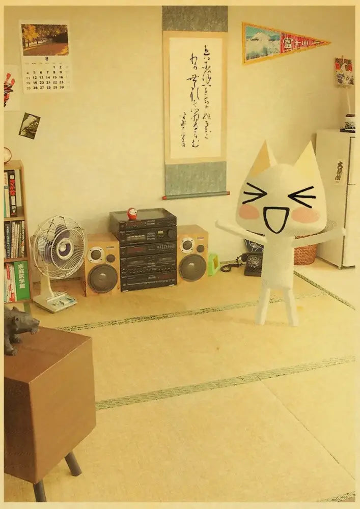 White cartoon cat figurine with wide eyes and smiling mouth featured in DecorBites™ cute 3d cat poster for home decor