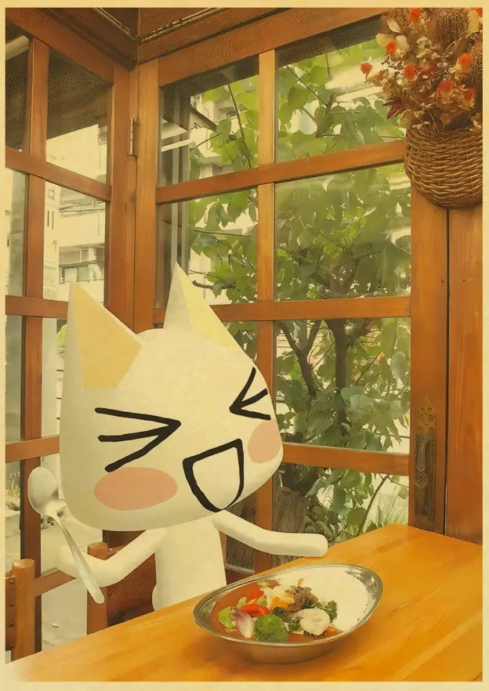 Decorbites™ cute 3d cat poster featuring a white cat with yellow ears holding a spoon for home decor use
