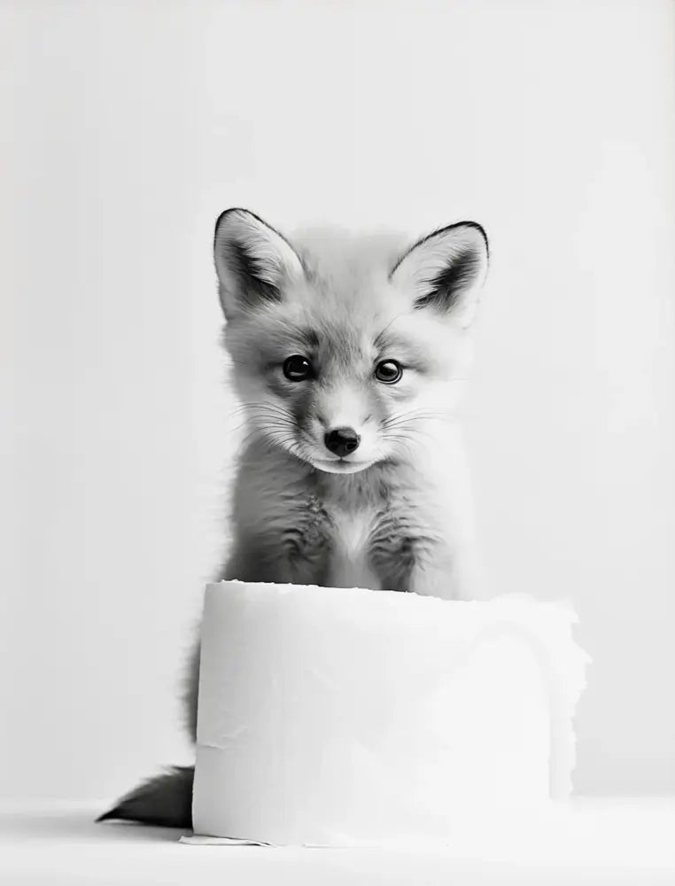 A black-and-white cute animals canvas wall art by decorbites featuring a fluffy fox pup peeking over toilet paper