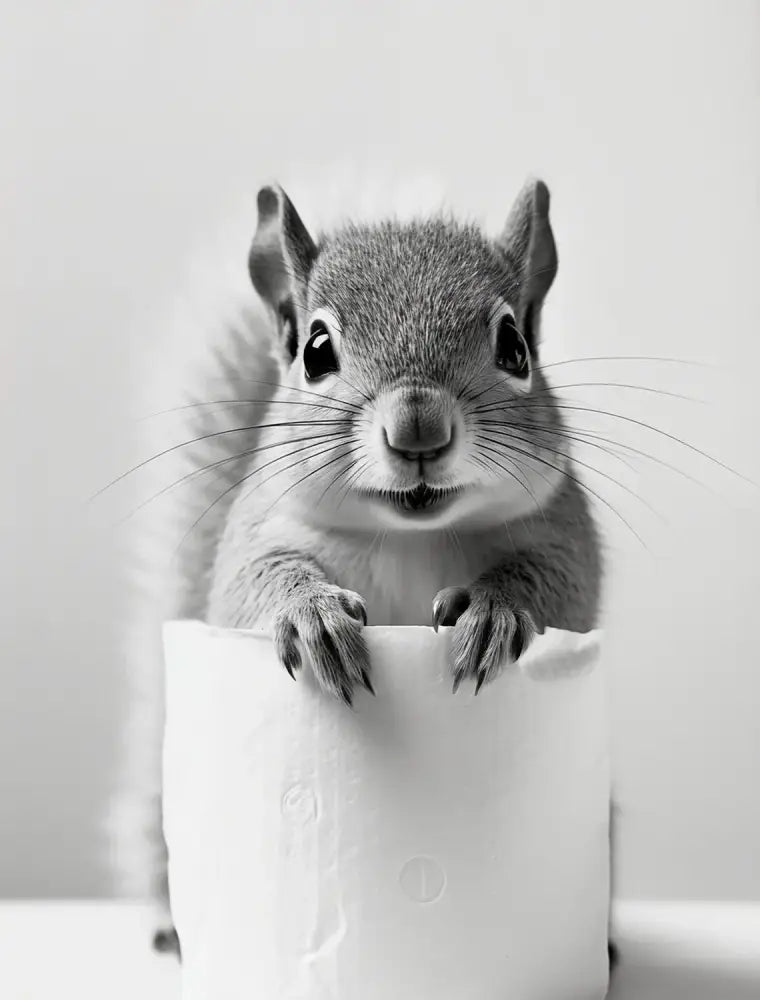 A black-and-white cute animals canvas wall art featuring a curious squirrel peeking over a toilet paper roll for bathroom decor