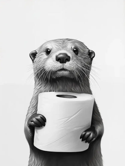 Black-and-white illustration of an otter holding toilet paper on decorbites cute animals canvas for bathroom wall art