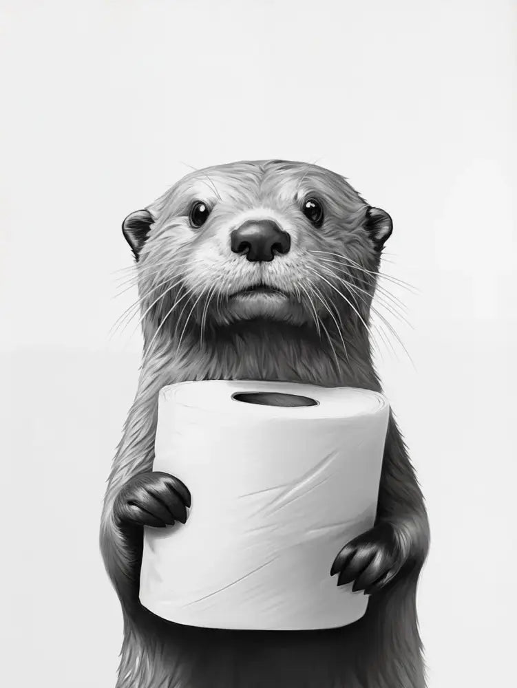 Black-and-white illustration of an otter holding toilet paper on decorbites cute animals canvas for bathroom wall art