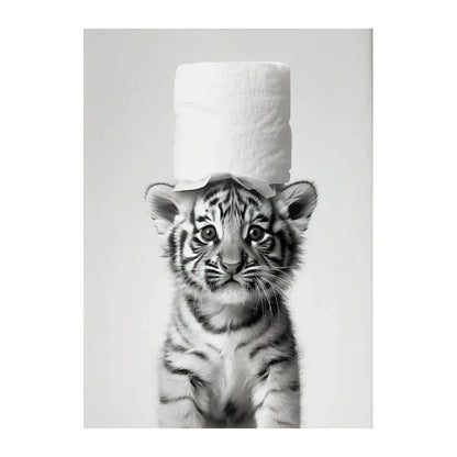 A black-and-white cute animals canvas featuring a baby tiger balancing toilet paper for bathroom decorbites animals canvas