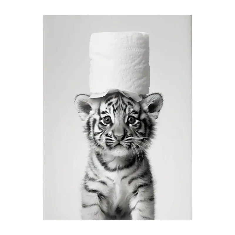 A black-and-white cute animals canvas featuring a baby tiger balancing toilet paper for bathroom decorbites animals canvas