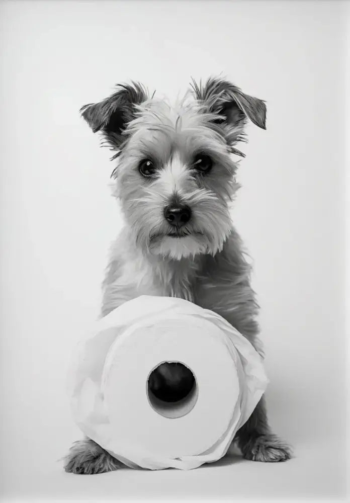 Decorbites™ cute animals canvas wall art featuring a fluffy puppy with white muzzle behind toilet paper for bathroom decor