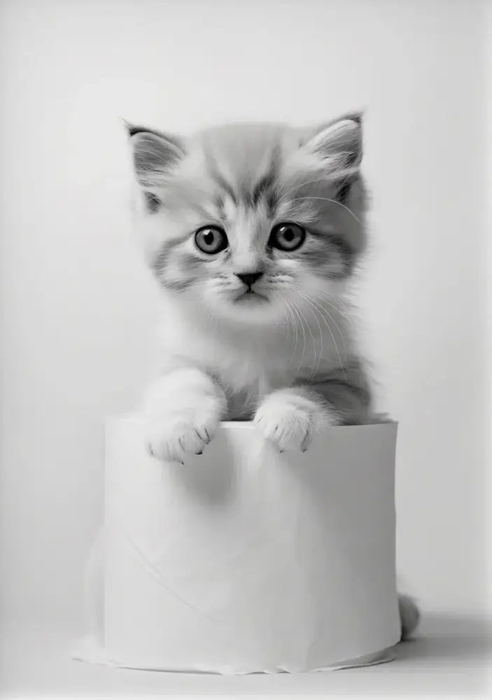 Decorbites™ cute animals canvas wall art featuring a fluffy tabby kitten perched on a toilet paper roll for bathroom decor