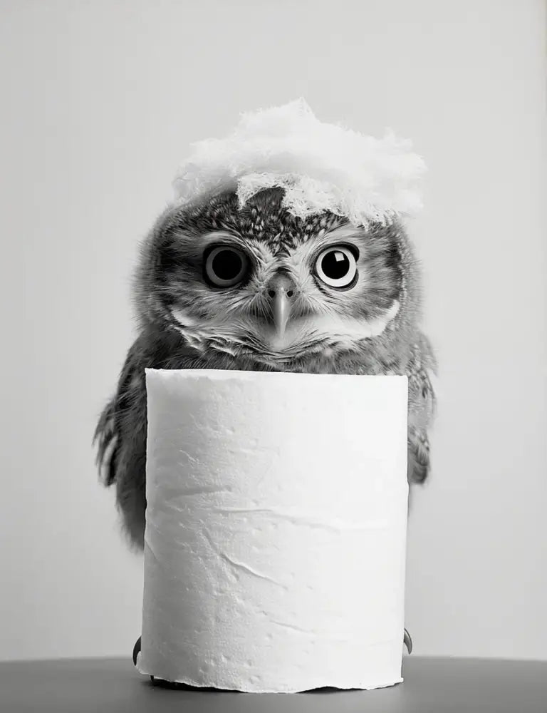 Decorbites™ cute animals canvas wall art featuring a fluffy gray and white owl on toilet paper for bathroom decor