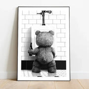 Black and white framed canvas print featuring a cute bear bathroom scene with a teddy bear holding a beer bottle