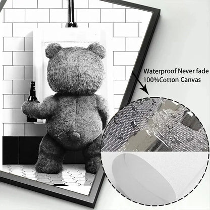 Black and white canvas print of cute bear holding bottle framed in black ideal for bear bathroom decor by DecorBites™